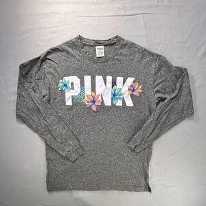 Victoria's Secret PINK Long Sleeve Gray Shirt Embroidered Floral Women's Small